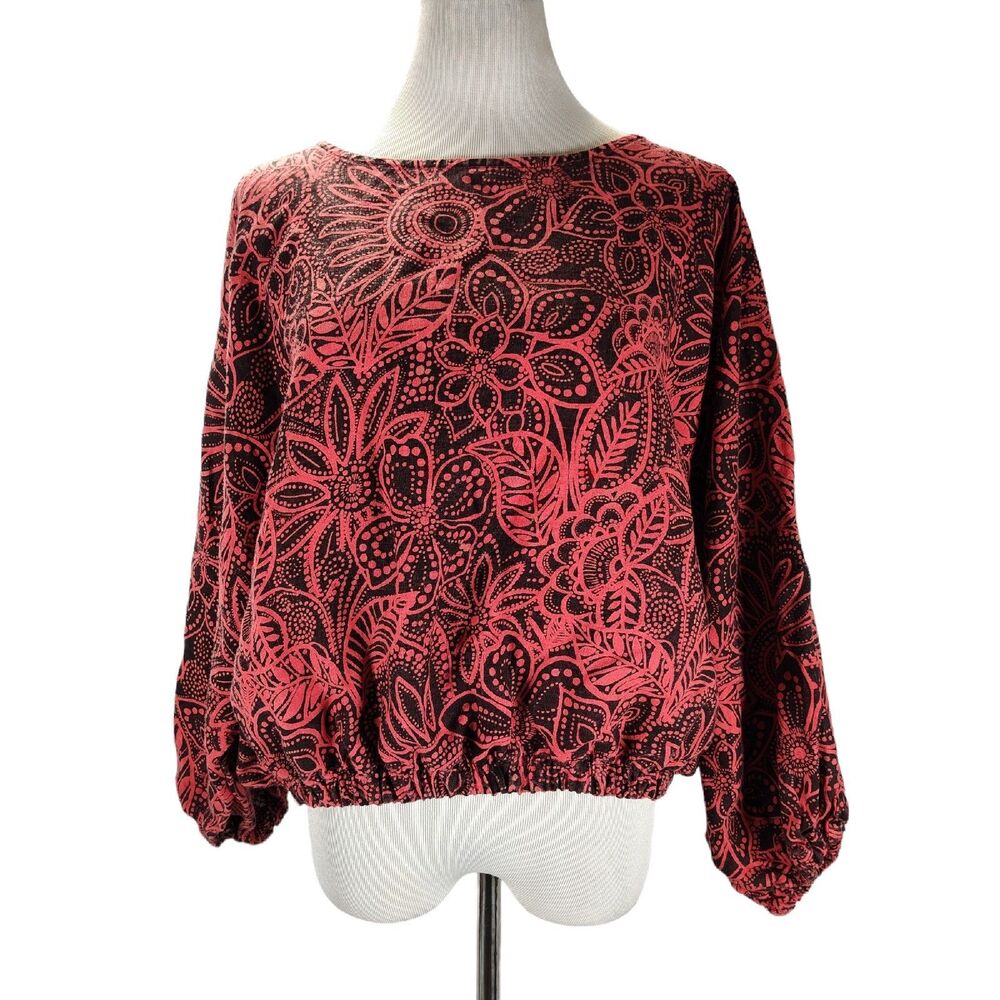 Bryn Walker Coral Linen Dolman Sleeve Top Size L Floral Print Pullover Lagenlook